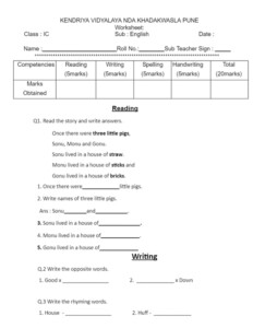 1 Worksheet Primary Class Kv ENGLIST EVS PDF