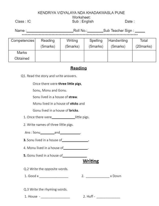 1 Worksheet Primary Class Kv ENGLIST EVS PDF