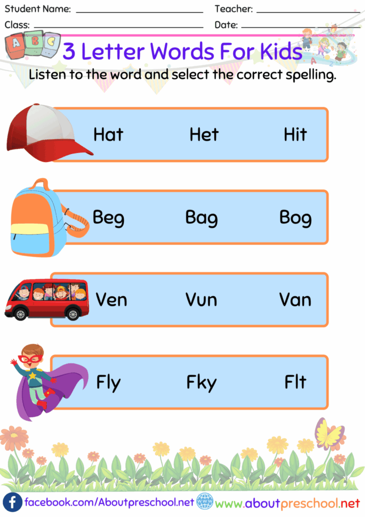 3 Letter Words Worksheet For Kindergarten