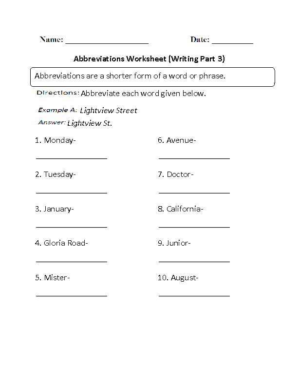 3rd Grade Abbreviation Worksheets