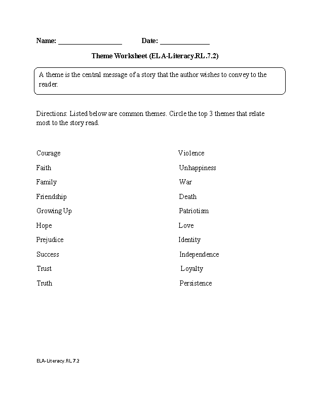 7th Grade Common Core Reading Literature Worksheets
