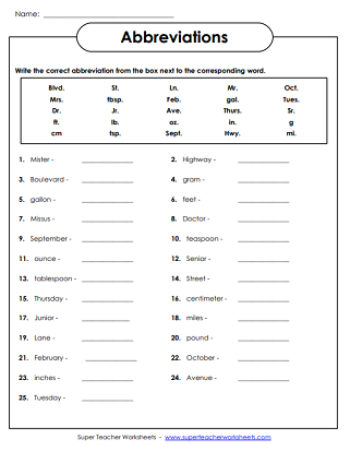 Abbreviation Worksheets