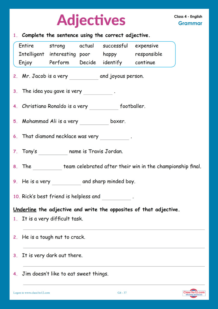 Adjectives Worksheets For Grade 4