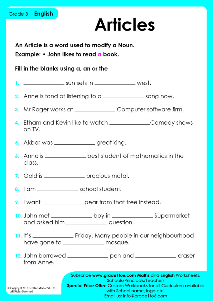 Articles Worksheet Grade 3 For Exam Prep