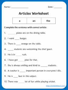 Articles Worksheets For 5th Grade English Grammar Exercises