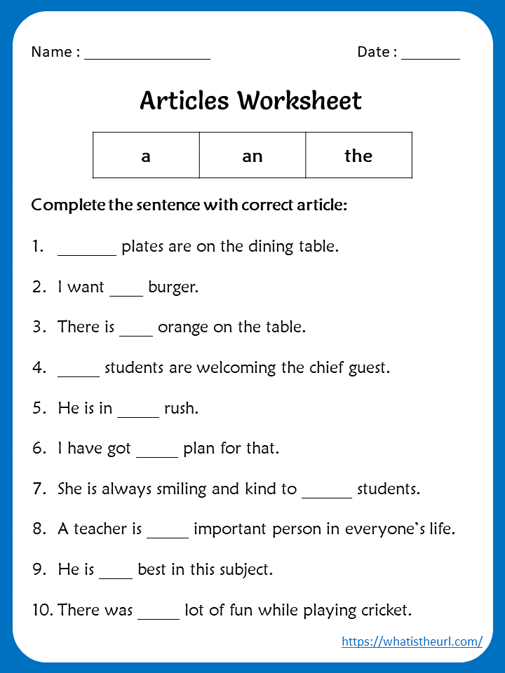 Articles Worksheets For 5th Grade English Grammar Exercises