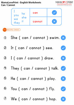 Basic Grammar Can Cannot Grade 1 English Worksheets By MamaLovePrint