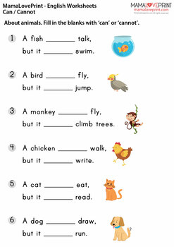 Basic Grammar Can Cannot Grade 1 English Worksheets By MamaLovePrint
