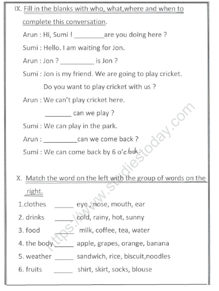 CBSE Class 1 English Revision Worksheet Set P