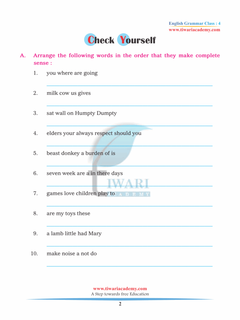 CBSE NCERT Class 4 English Grammar Chapter 1 The Sentence In PDF