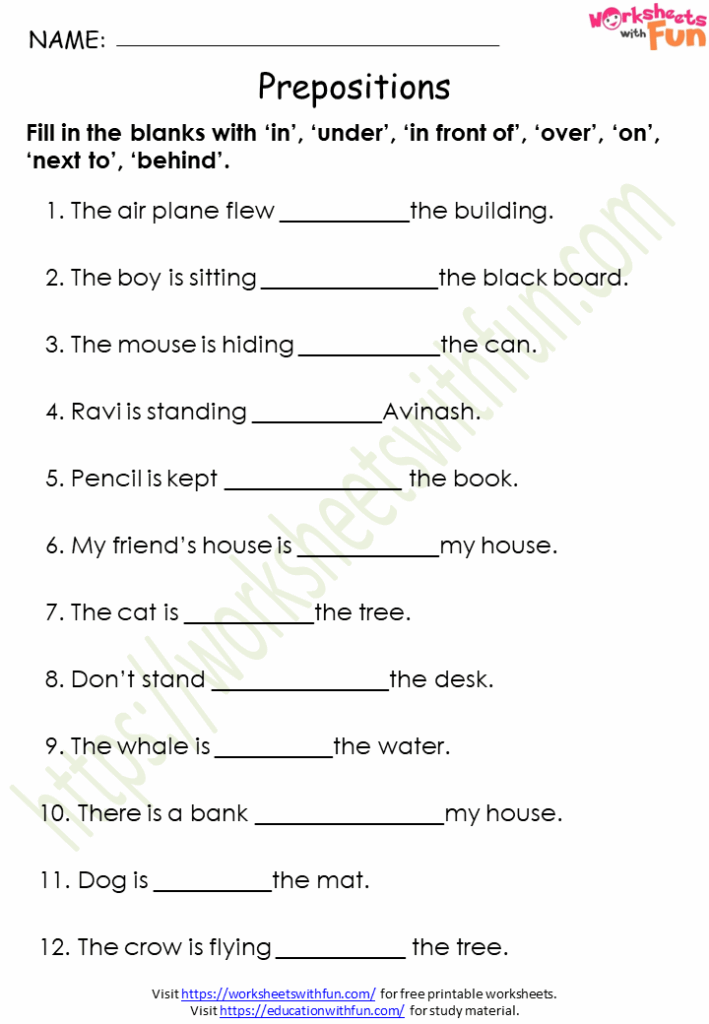 Common Prepositions Worksheet