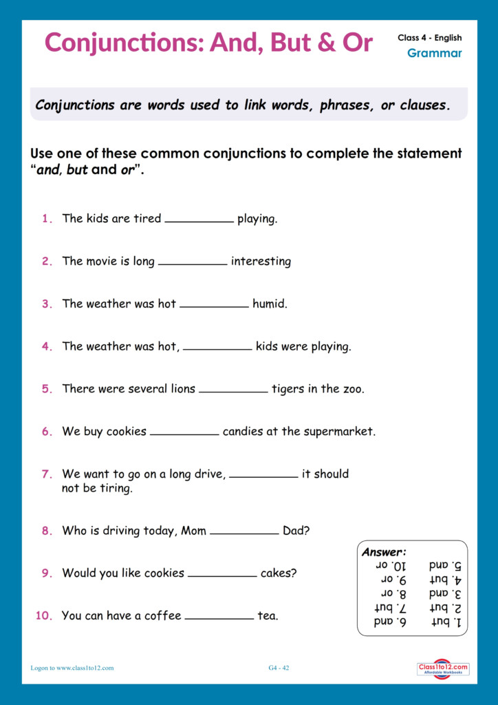 Conjunction Worksheet For Grade 4