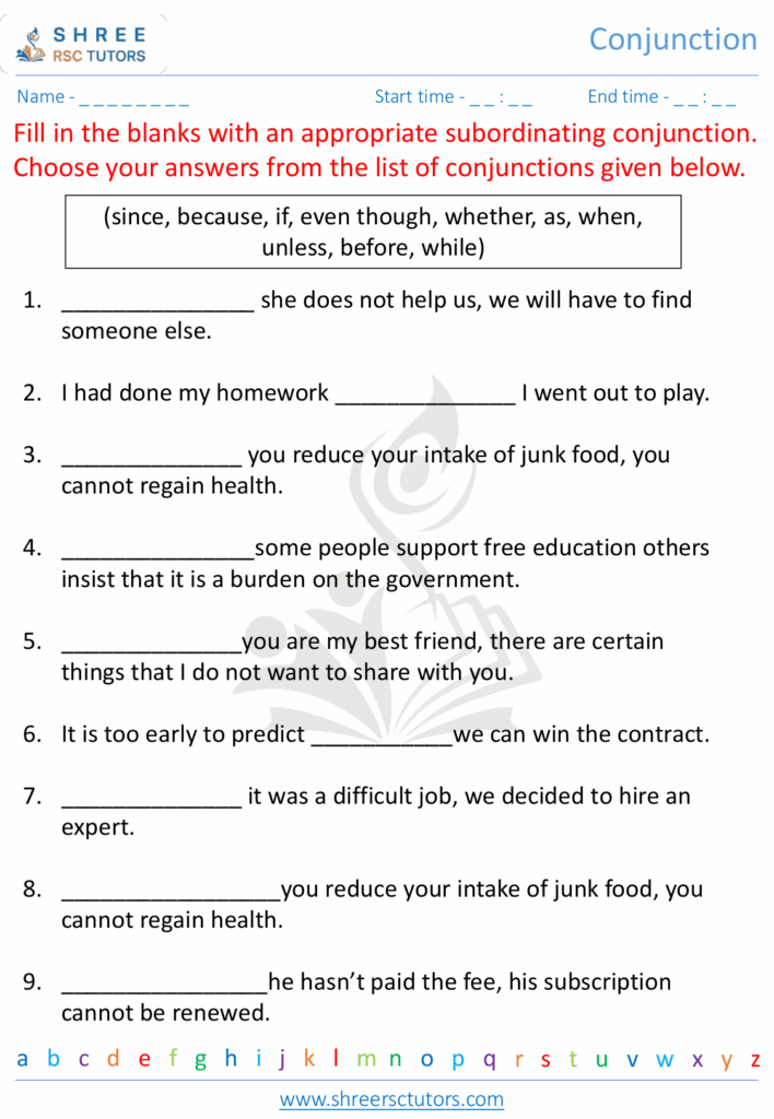 Conjunctions Worksheets For Grade 5 English Shree Rsc Tutors