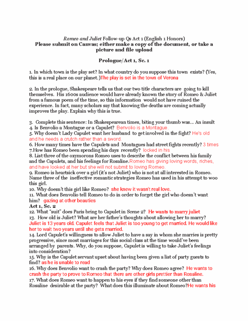 Copy Of English 1 Honors Romeo And Juliet Act 1 Qs Romeo And Juliet 