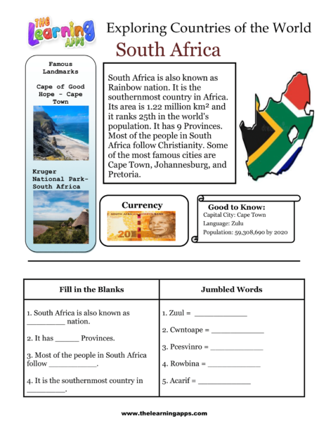 Download Free Printable South Africa Worksheet For Kids
