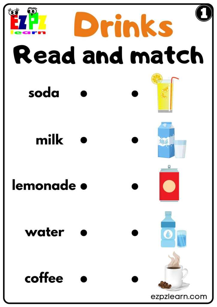 Drinks Read And Match Worksheet For K5 Kids And ESL Set 1 Free PDF