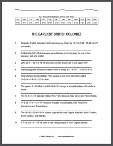 Earliest British Colonies Decipher The Code Puzzle Worksheet