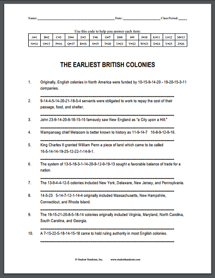 Earliest British Colonies Decipher The Code Puzzle Worksheet 