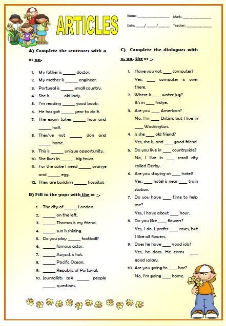 Endearing English Grammar Worksheets For Grade 4 Articles