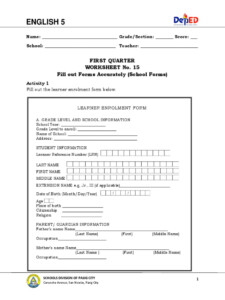 English 5 First Quarter Worksheet No 15 Fill Out Forms