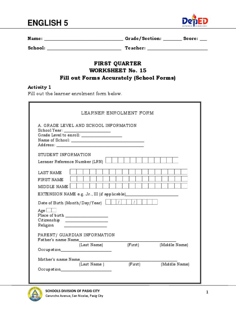 English 5 First Quarter Worksheet No 15 Fill Out Forms 