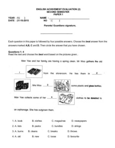 ENGLISH ACHIVEMENT EVALUATION 2 SECOND SEMESTER PAPER 1 YEAR 5
