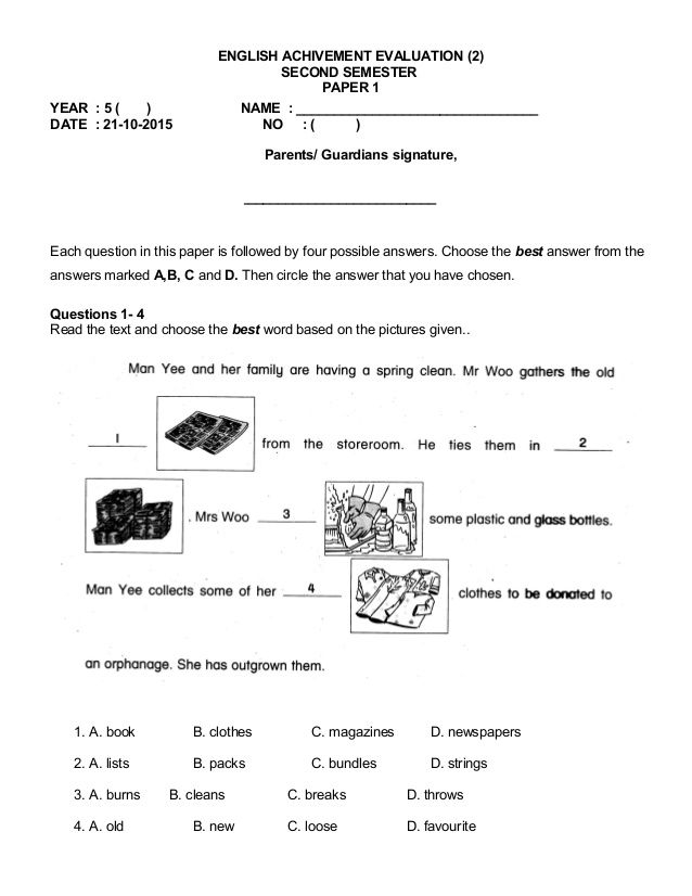 ENGLISH ACHIVEMENT EVALUATION 2 SECOND SEMESTER PAPER 1 YEAR 5 