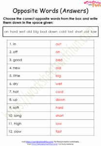 English Class 1 Opposite Antonyms Words Worksheet 1 Answer WWF