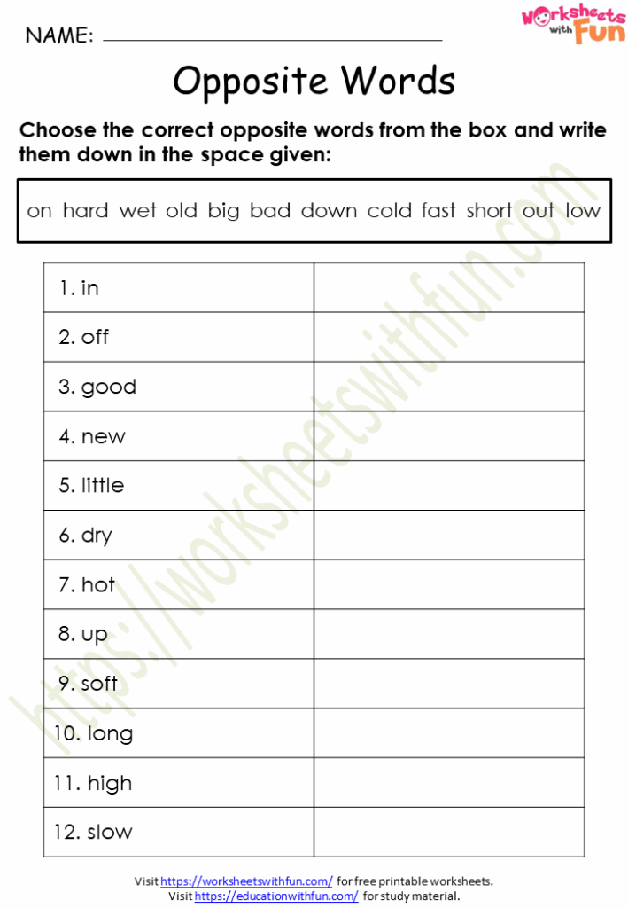 English Class 1 Opposite Antonyms Words Worksheet 1 WWF