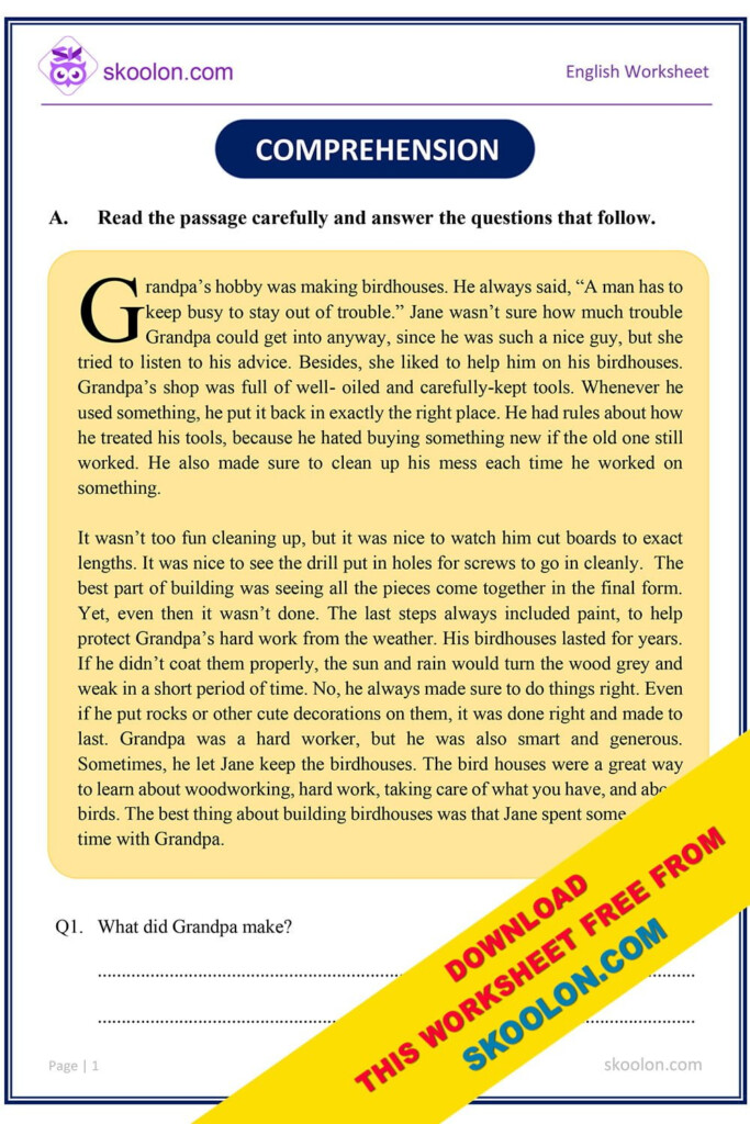 English Comprehension Worksheets For Grade 4