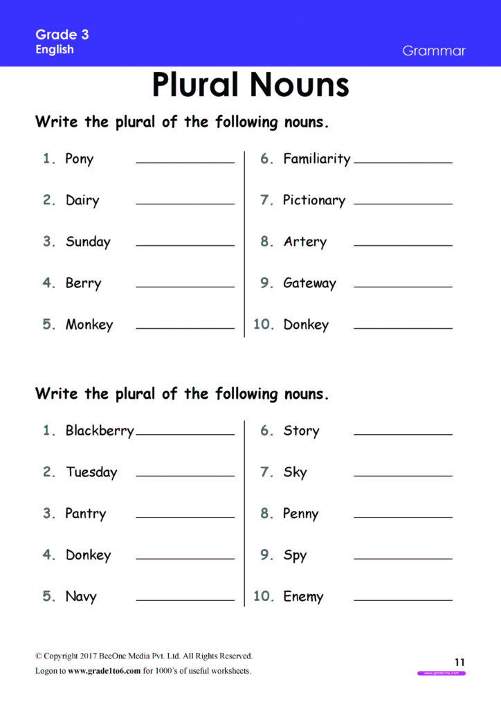 English Grammar Worksheets For Class 3