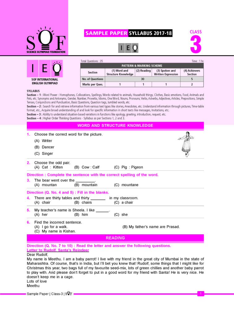 English Olympiad Worksheets For Class 1 Pdf Thekidsworksheet