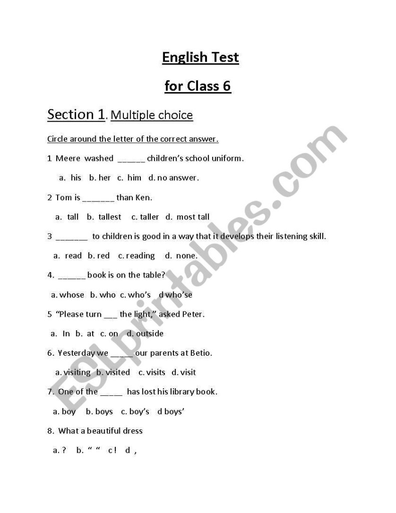 English Worksheets English Worksheet For Class 6
