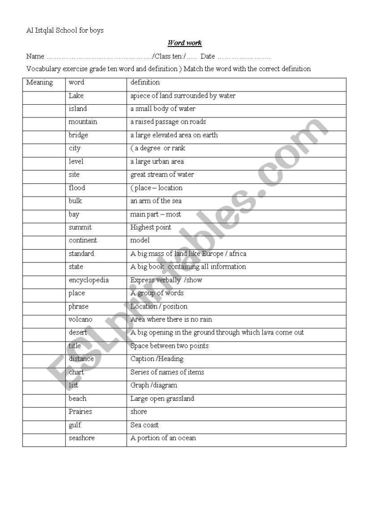 English Worksheets WorkSheet Tenth Grade