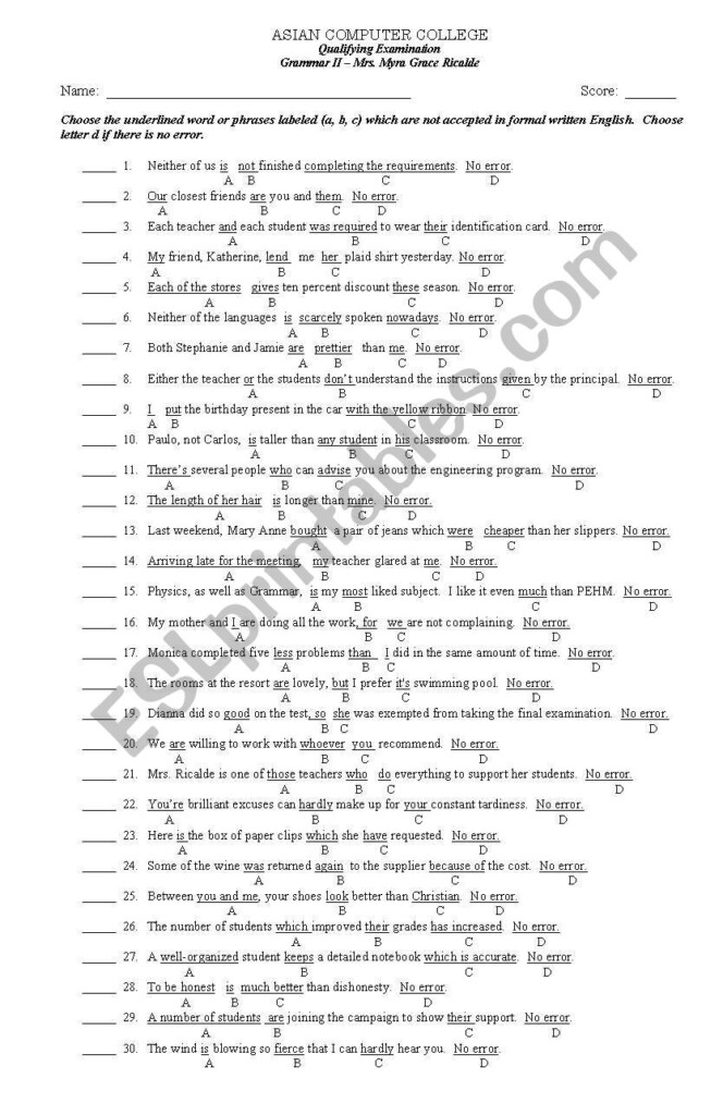 Error Detection Exam ESL Worksheet By Sassy myers