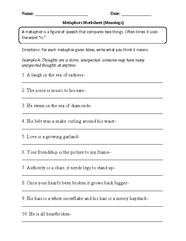 Figure Of Speech Worksheet For Grade 6