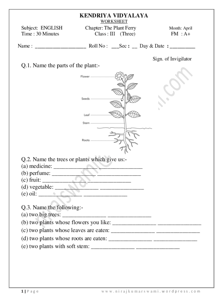 Fillable Online Kendriya Vidyalaya Class Iii English Worksheet The 