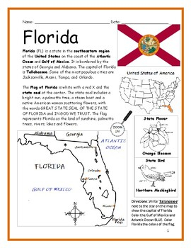 FLORIDA Introductory Geography Worksheet With Map And Flag TpT