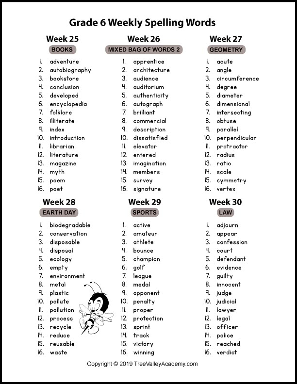 Free 6th Grade Spelling Words