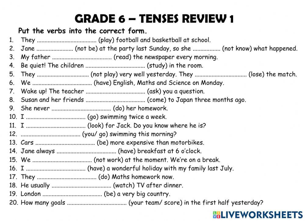 Free Tenses Worksheet For Grade 6 Download Free Tenses Worksheet For 