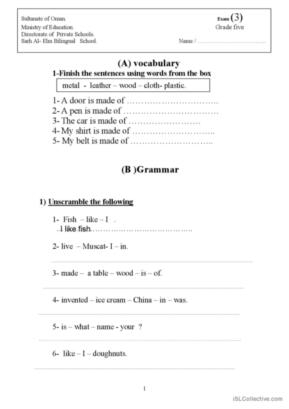 Free Worksheets For Grade 5 English Grammar Worksheets For Kindergarten