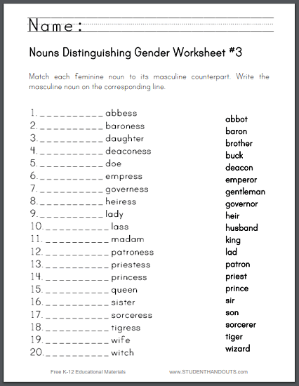 Gender Nouns Worksheet Grade 3