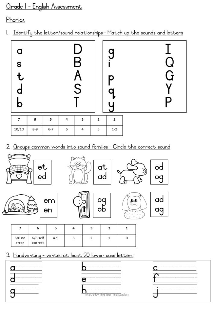 Grade 1 English Assessment Test Worksheets