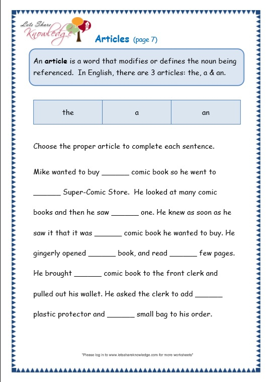 Grade 3 Grammar Topic 34 Articles Worksheets Lets Share Knowledge
