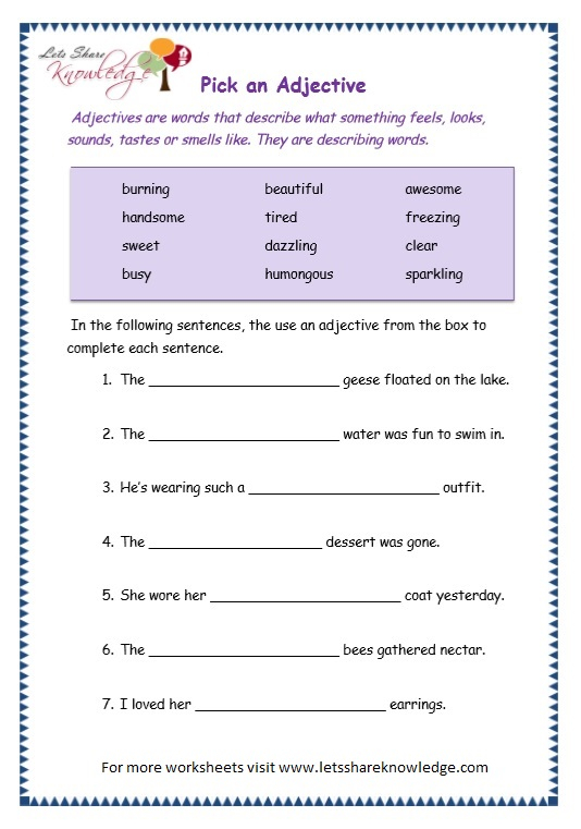 Grade 3 Grammar Topic 4 Adjectives Worksheets Lets Share Knowledge