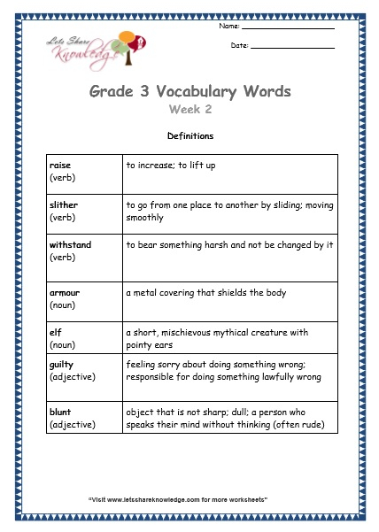 Grade 3 Vocabulary Worksheets Week 2 Lets Share Knowledge