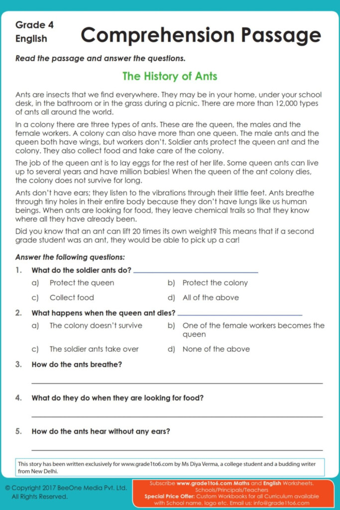 Grade 4 English Reading Comprehension Worksheet Artofit