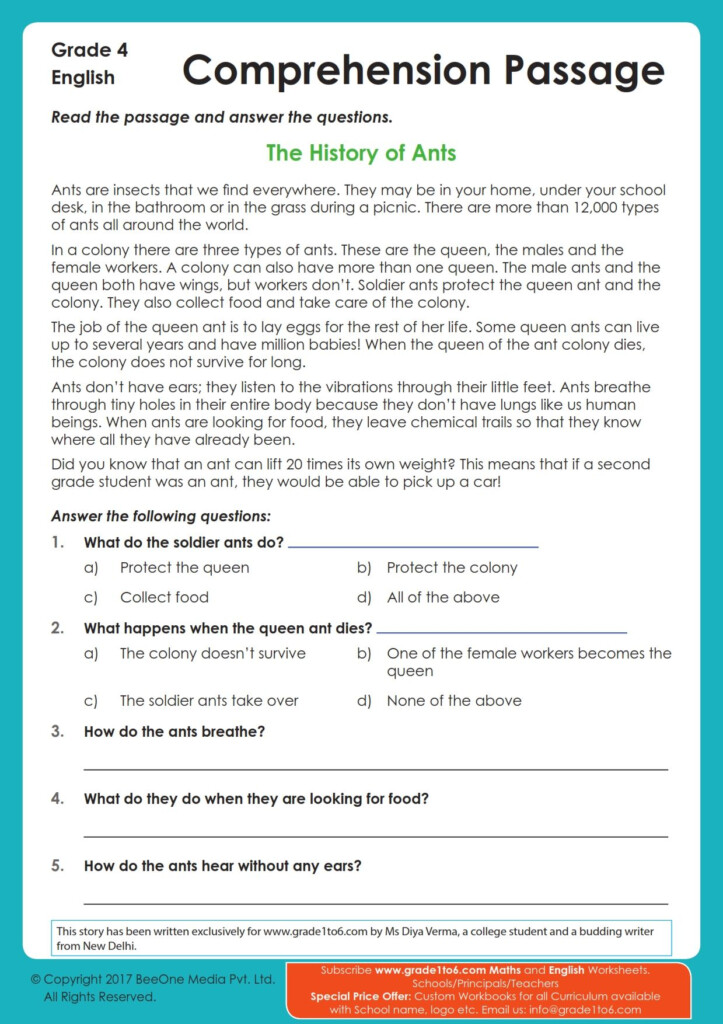 Grade 4 English Worksheet Comprehension Passage Artofit