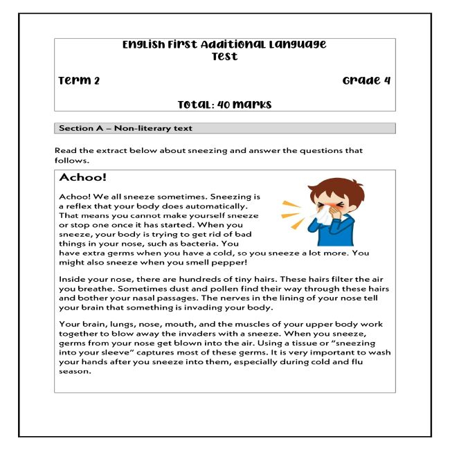 Grade 4 First Additional Language Term 2 Test Teacha 