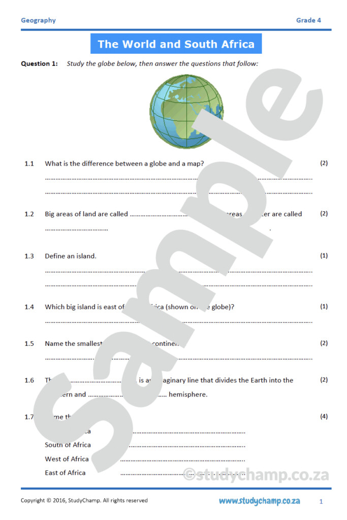Grade 4 Geography Worksheet South Africa And The World